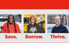 Image of three people smiling with the words Save. Borrow. Thrive beneath them.